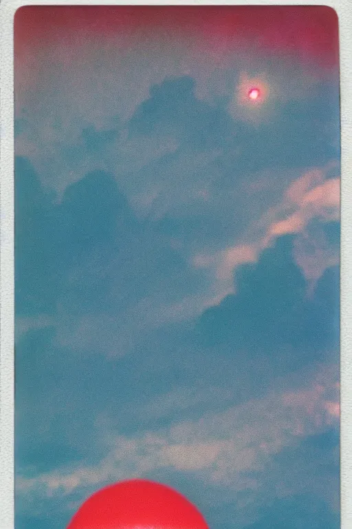 Prompt: aged polaroid analog photo of a planet in space surrounded by spacecrafts, detailed clouds, warm azure tones, red color bleed, film grain