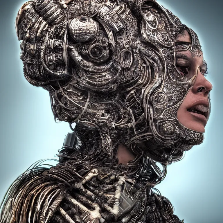 Image similar to surreal spinal ribbed tribal exotic organic face portrait of a cyberpunk fighter, beautiful detailed intricate insanely detailed 3D render digital art, octane render, 8K artistic photography, photorealistic, neon lights