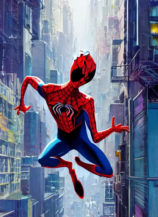 Image similar to spider - man into the spider - verse ( 2 0 1 8 ) anime key visual concept art of spider gwen standing on a balcony in new york city, golden rays, by ashley wood, yoji shinkawa, alberto mielgo, 6 0's french movie poster, french impressionism, vivid colors, palette knife and brush strokes, fish eye lens