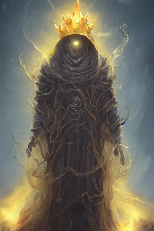 Image similar to A full body portrait of a mysterious character with no face with a very long hooded yellow cloak, a golden crown floating above his head tentacles coming out the ground art by James Paick, and Shaddy Safadi, ominous, cosmic horror, trending on artstation, Ultra detailed, hyper realistic 4k