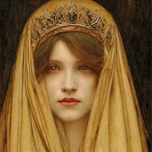 Prompt: detailed realistic beautiful young medieval queen face portrait by jean delville and ruan jia, art nouveau, symbolist, visionary, gothic, pre - raphaelite