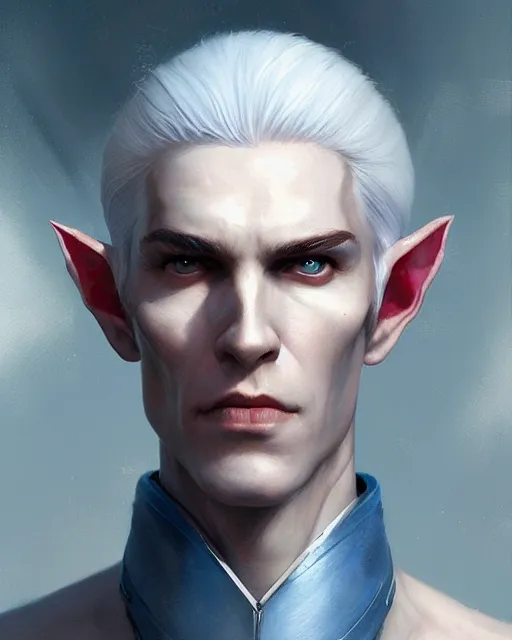 Image similar to character portrait of a slender half - elven man with white hair and piercing blue eyes, by greg rutkowski, mark brookes, jim burns, tom bagshaw, trending on artstation