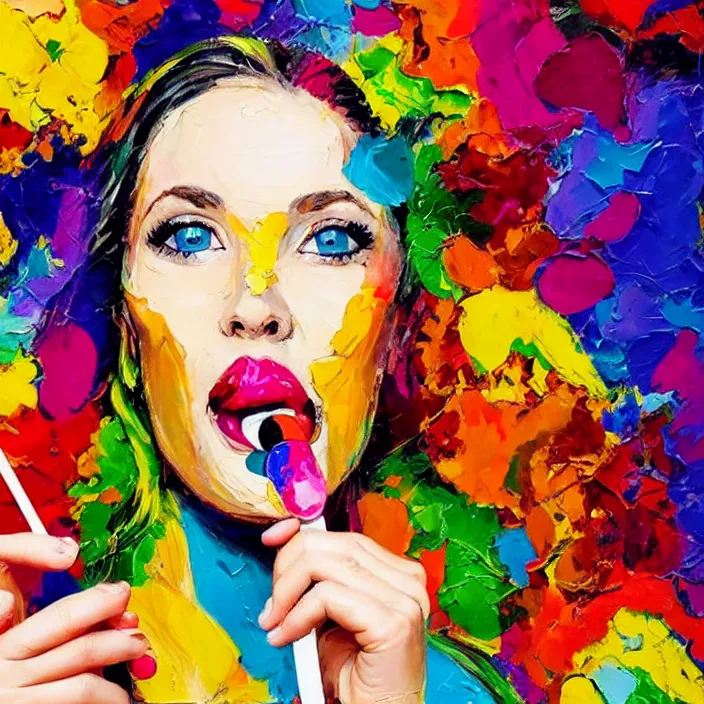 Prompt: portrait of beautiful woman licking a lollipop painted with colorful gouache impasto