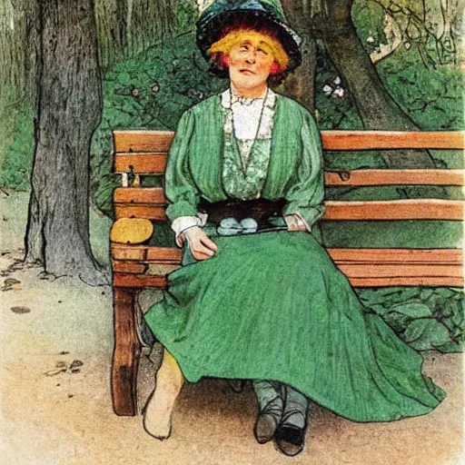 Prompt: an edwardian woman wearing a green dress sits on a bench by a pond in the moonlight, in the style of Carl Larsson