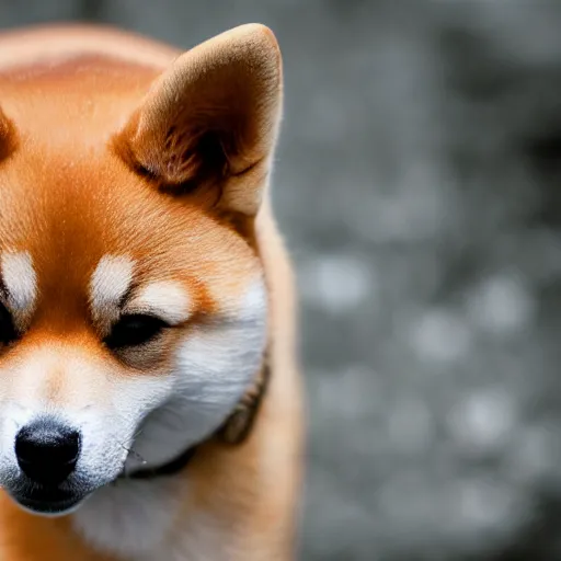 Image similar to Close up of a shiba inu, photo realistic, dramatic lighting, Nat Geo award winner, 100mm lens, bokeh