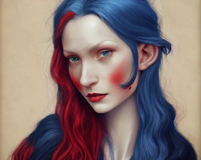 Image similar to A detailed matte oil on canvas head on symmetrical portrait of a distinguished elven woman with red and blue hair on an empty background, by Charlie bowater, Lise Deharme, Wlop, trending on artstationhd, dungeons and dragons art, parted hair , half blue, half red , split dye, critical role