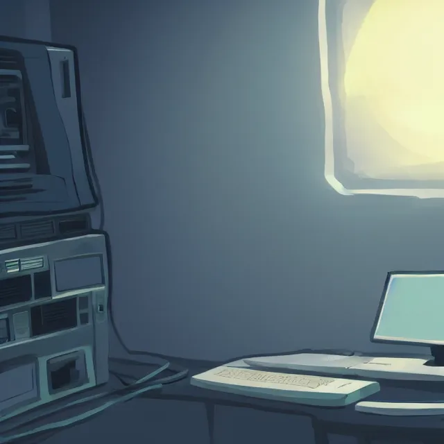 Image similar to an old pc computer, dusty, makoto shinkai