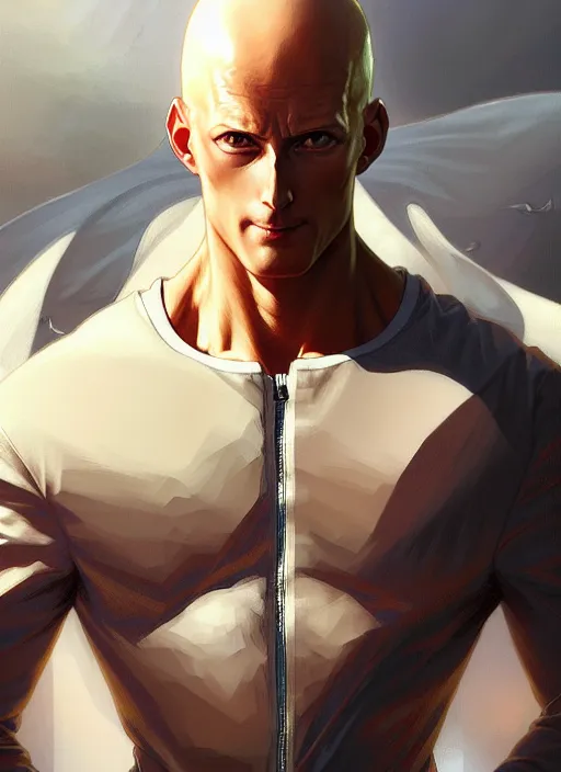 Image similar to ultra realistic illustration, handsome saitama. cape, intricate, elegant, highly detailed, digital painting, artstation, concept art, smooth, sharp focus, illustration, art by artgerm and greg rutkowski and alphonse mucha and wlop
