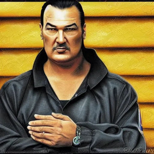 Image similar to portrait of sad steven seagal behind prison bars!, realistic, detailed