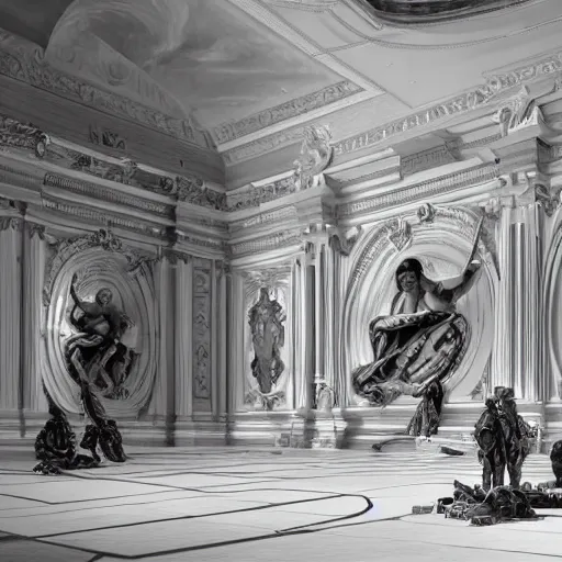 Prompt: sci-fi car and wall structure in the coronation of napoleon painting by Jacques-Louis David in the The Martian film 2011 and point cloud in the middle and everything in form of zaha hadid architects artwork by caravaggio unreal engine 5 keyshot octane lighting ultra high detail ultra hyper realism 8k 16k in plastic dark tilt shift full-length view