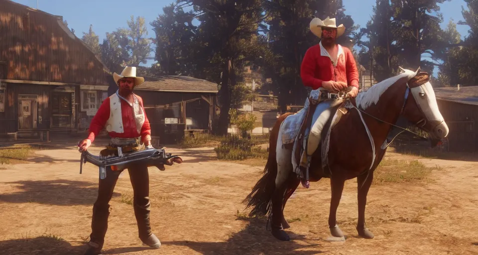 Image similar to Screenshot of Carl Brutananadilewski from Aqua Teen Hunger Force as a 3d cowboy in full cowboy attire in the videogame 'Red Dead Redemption 2'. Sharpened. 1080p. High-res. Ultra graphical settings.