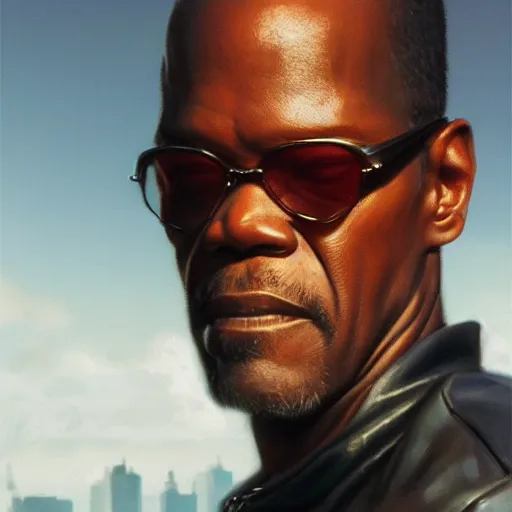 Prompt: closeup portrait of a young samuel jackson as the terminator, city background, dramatic light, gorgeous view, depth, high detail, digital art, painted by greg rutkowski, trending on artstation