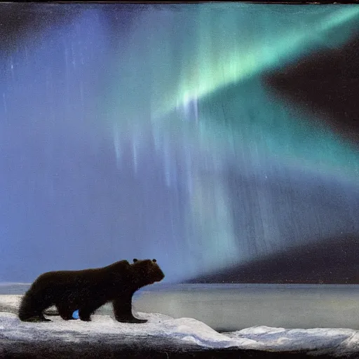 Image similar to the epic abstract painting'blue arctic void with black and red aurora borealis above a tiny polar bear family ', by caspar david friedrich!!!, by rothko!!!, stunning masterpiece, trending on artstation