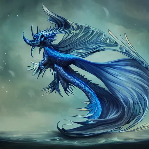 Image similar to blue betta fish dragon flying through water, long elegant fins, art, fantasy, intricate, highly detailed, digital painting, trending on artstation, concept art, smooth, sharp focus, illustration, art by Loish and WLOP