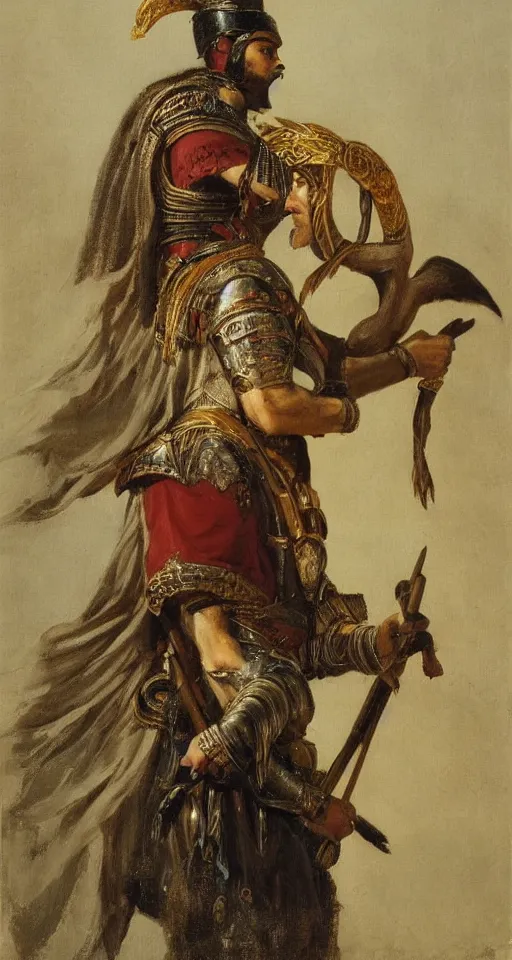 Prompt: orientalist portrait painting of a the great greek warrior achilles with a cormorant on his shoulder, in romantic style, sfumato