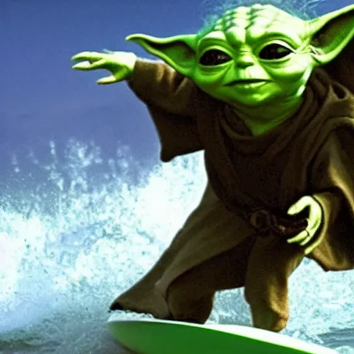 Image similar to stunning awe inspiring yoda surfing, movie still 8 k hdr atmospheric lighting