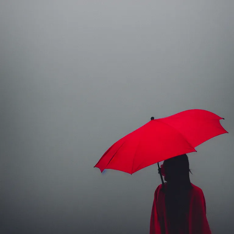 Image similar to atmospheric haze a close up of a person's face with a red umbrella photoshot by karah mew