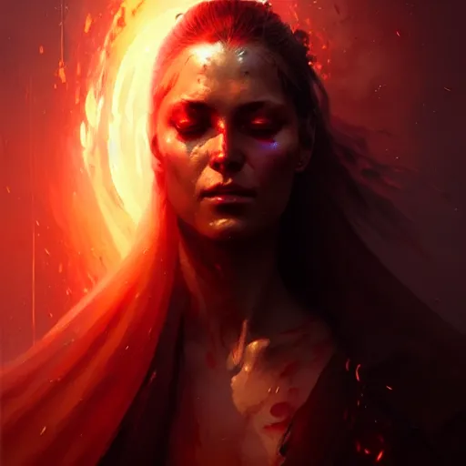 Image similar to a beautiful portrait of a death and madness goddess with slightly closed eyes by Greg Rutkowski and Raymond Swanland, Trending on Artstation, Flaming Background, ultra realistic digital art