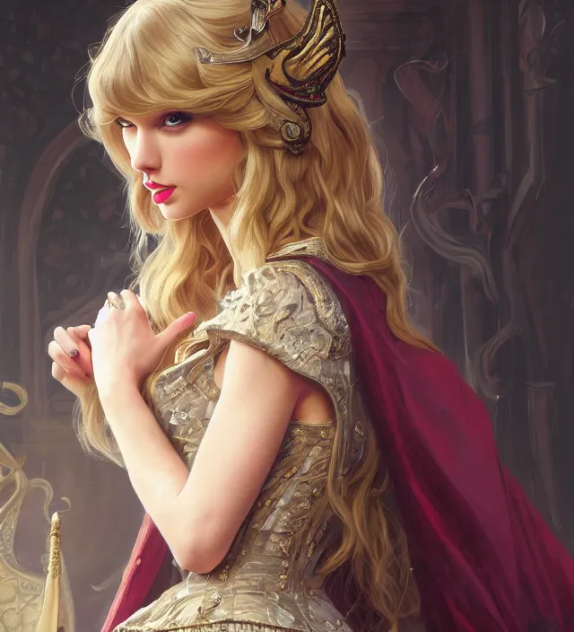 Image similar to portrait of taylor swift as a young beautiful female princess, d & d, baroque dress, elegant, flat lighting, intricate, highly detailed, digital painting, artstation, concept art, smooth, sharp focus, illustration, closeup, misa amane, art by simon bisley and greg rutkowski and alphonse mucha, novel cover