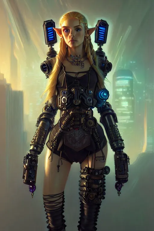 Image similar to portrait of Cyberpunk Princess Zelda in power armor, ShadowRun, steampunk, intricate, elegant, highly detailed, digital painting, artstation, concept art, smooth, sharp focus, illustration, art by artgerm and greg rutkowski and alphonse mucha