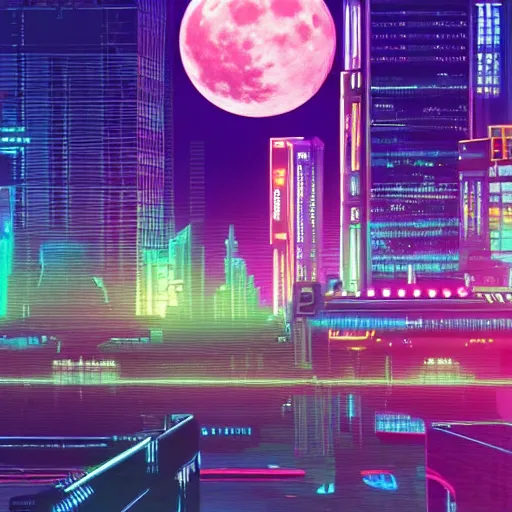 Prompt: a cityscape with a big moon, vaporwave, synthwave, glowing neon lights, detailed illustration, sharp focus, concept art, unreal engine, octane render, god rays, intricate, epic lighting, cinematic composition, hyper realistic, 8 k resolution, unreal engine 5, by artgerm, tooth wu, dan mumford, beeple, wlop, artstation