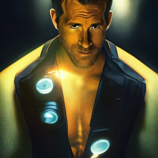 Image similar to ryan reynolds as a black and blue suit spider - man, cinematic, volumetric lighting, f 8 aperture, cinematic eastman 5 3 8 4 film, photorealistic by greg rutkowski, by stanley artgerm, by alphonse mucha