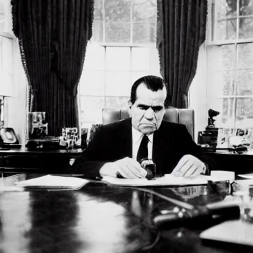 Prompt: Richard Nixon drinking out of a bottle of whiskey in the oval office, photo