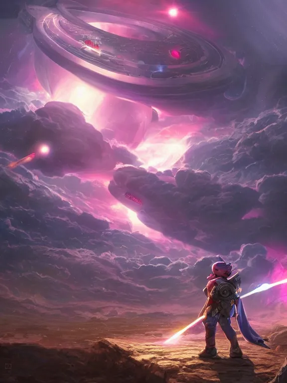 Prompt: a beautiful hyper realistic detailed matte painting showing kirby from the game kirby as a space warlord, dramatic lighting, dynamic lighting, cinematic lighting, by nintendo and darek zabrocki, retrowaves, featured on artstation