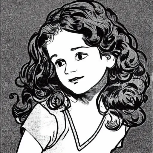 Image similar to clean simple line art of a little girl with wavy curly hair in an elegant dress. white background. well composed, clean black and white line drawing, beautiful detailed face. illustration by steve ditko and jack kirby and alphonse mucha