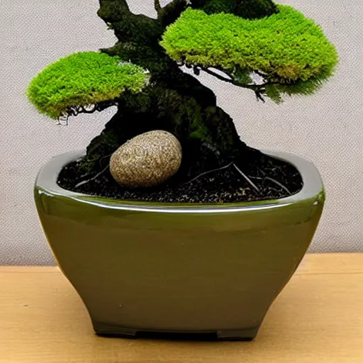 Prompt: a photo of japanese moss ball bonsai planter