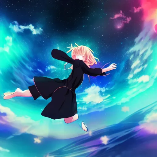 Prompt: Anime girl flying through space with a lucid dream feeling, cinematic, beautiful colours, pretty composition