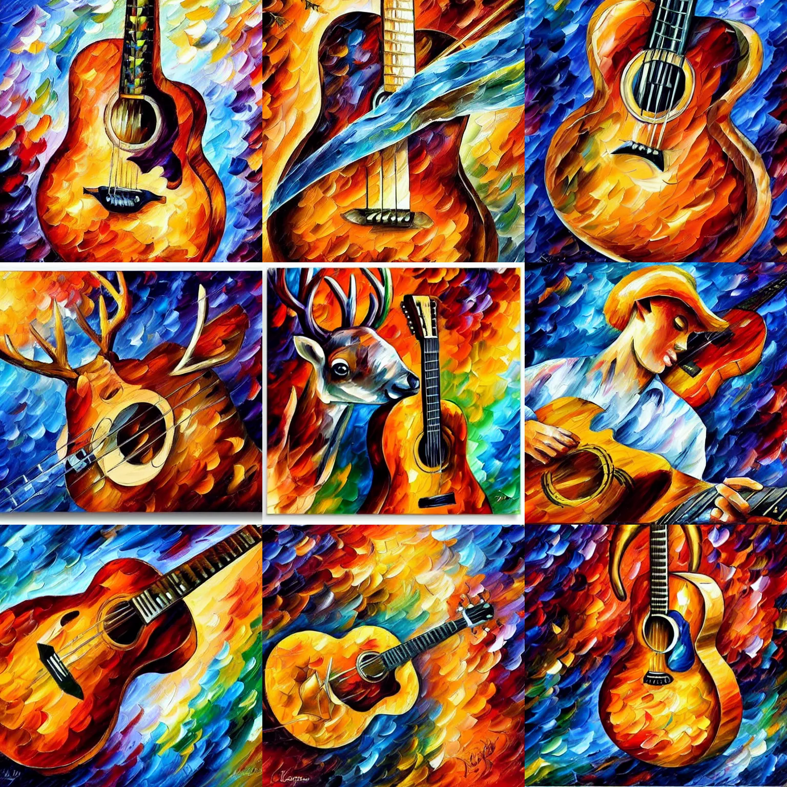 Prompt: , guitar in the shape of a deer, romantic, warm, musical notes, detailed, realistic, in the style of leonid afremov