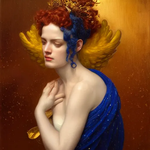 Image similar to highly detailed oil painting | very intricate | cinematic lighting | award - winning | the beautiful angel jupiter wearing a lapis lazuli toga | by roberto ferri, by tom bagshaw, by j. c. leyendecker and klimt, beautiful cinematic light, american romanticism, by austin osman spare, artstation, cgsociety, official art, octane