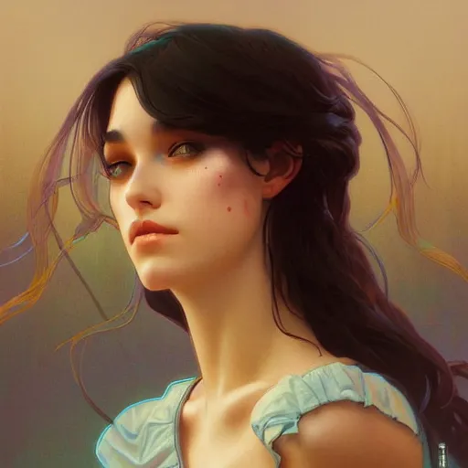 Image similar to beautiful, young woman, sad eyes, vaporwave aesthetic, synthwave, digital painting, artstation, concept art, smooth, sharp focus, illustration, art by artgerm and greg rutkowski and alphonse mucha