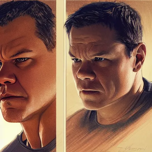 Image similar to Matt Damon and Mark Wahlberg looking at each other confused in the mirror, artstation, concept art, smooth, sharp focus, illustration, art by artgerm and greg rutkowski and alphonse mucha