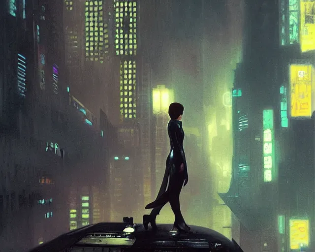 Image similar to 2 0 1 8 blade runner movie still girl look at the cityscape from roof perfect face fine realistic face pretty face reflective polymer suit tight neon puffy jacket blue futuristic sci - fi elegant by denis villeneuve tom anders zorn hans dragan bibin thoma greg rutkowski ismail inceoglu illustrated sand storm alphonse mucha