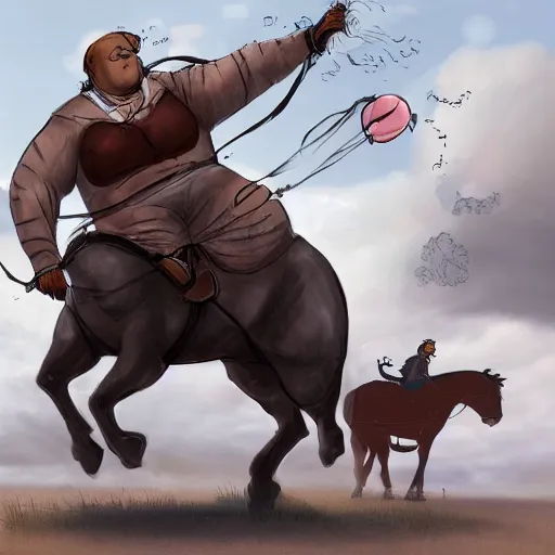 Image similar to digital art of morbidly obese man riding a horse. Three weather balloons are attached to the man. Trending on ArtStation