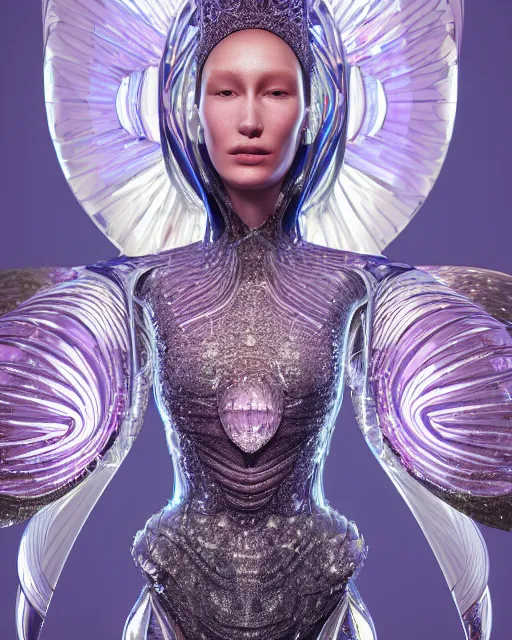 Image similar to a highly detailed metahuman 8 k close up render of bella hadid as surrealism renaissance in iris van herpen dress schiaparelli in diamonds crystals swarovski and jewelry iridescent in style of alphonse mucha gustav klimt trending on artstation made in unreal engine 4