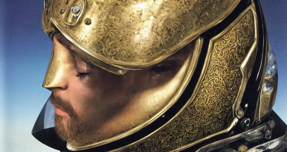 Prompt: beautiful extreme closeup portrait photo in style of frontiers in helmet Helmets of Emperor Charles V the Wise science fashion magazine September retrofuturism edition, highly detailed, soft lighting