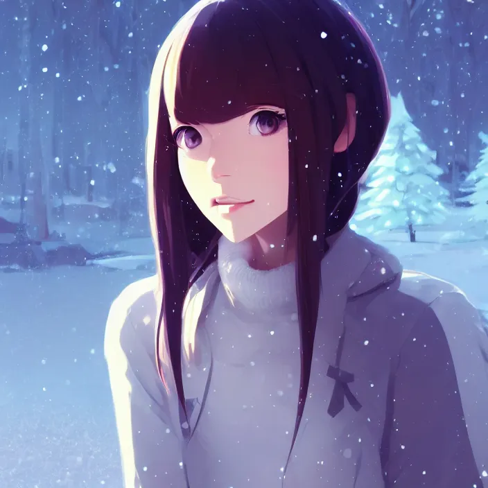 Image similar to portrait of a beautiful girl, snow landscape background, ambient lighting, dynamic lighting, 4 k, hq, official media, anime key visual, makoto shinkai, ilya kuvshinov, lois van baarle, rossdraws, detailed, trending on artstation