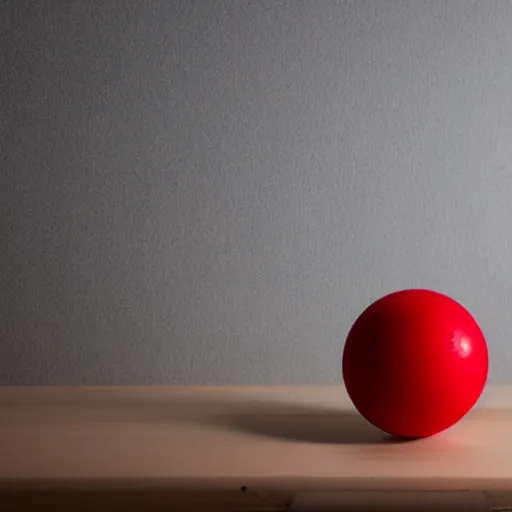 Image similar to red ball on the table, inside the kitchen. dark lighting. volumetric light