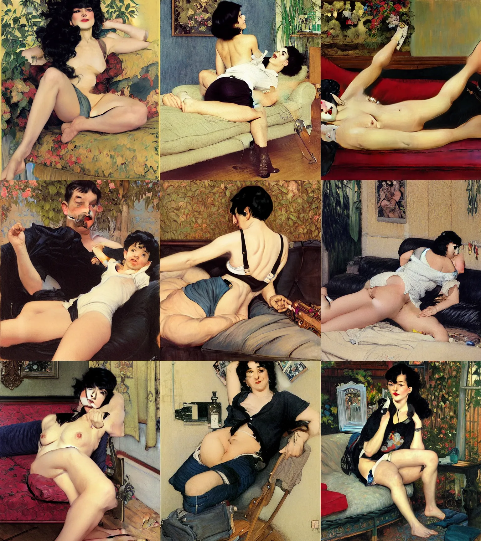 Prompt: a woman with black hair and long pixie haircut in shorts lying on couch with suspenders and white t-shirt drawn by frank frazetta, gustave caillebotte, Alexandre Cabanel, norman rockwell, hajime sorayama, maler collier, peter paul rubens, alphonse mucha, gustav klimt 4k, unreal 5, DAZ, french noveau, trending on artstation, octane render, hyperrealistic