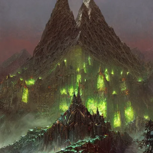 Image similar to green dwarven city carved into Erebor the Lonely Mountain from the Hobbit, by Marc Simonetti