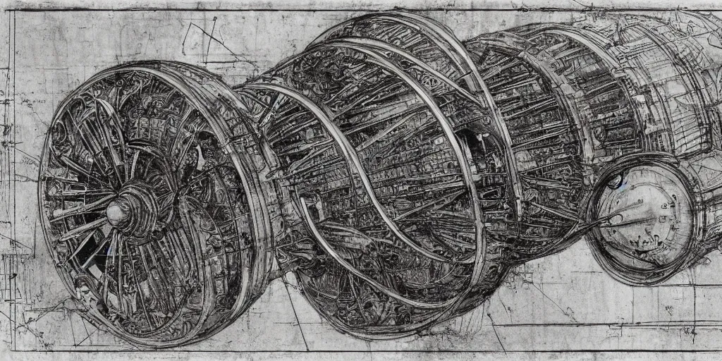 Image similar to leonardo da vinci color intricate full page scan blueprint of an environmental turbine machine, on paper, black ball pen style, :: ultra-detailed technical precision :: mixed media with white and silver lines, realistic composition, point of interest at golden ratio, light from right, more darkness on the bottom, monumentally art composition, high quality of sketching with subtle hairlines, highly detailed rounded forms, inside out and outside in, octane render