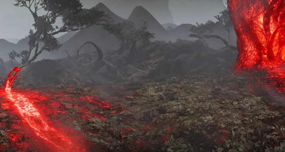 Image similar to a volcano made of ivory vines and crimson rocks enters in eruption, it spits a smoke in the shape of demonic eye, with CRYENGINE