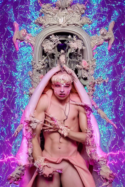 Image similar to full-body rococo and cyberpunk delicate neon crystalline sculpture of ((young muscular golden albino prince Joe Jonas)) as an iridescent humanoid deity wearing ((peach plastic hooded cloak)) (holding a human skull) in a white castle dungeon, reclining, glowing pink face, crown of (pink lasers), large blue diamonds, swirling black silk fabric. futuristic elements. oozing glowing liquid, full-length view. space robots. intricate artwork by caravaggio. Trending on artstation, octane render, cinematic lighting from the right, hyper realism, octane render, 8k, depth of field, 3D