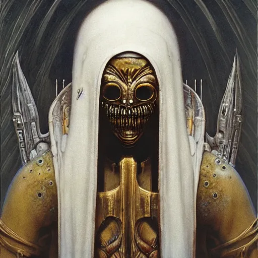 Prompt: Alien King in white imperial clothing, mantle, gold mask by Giger and Beksinski