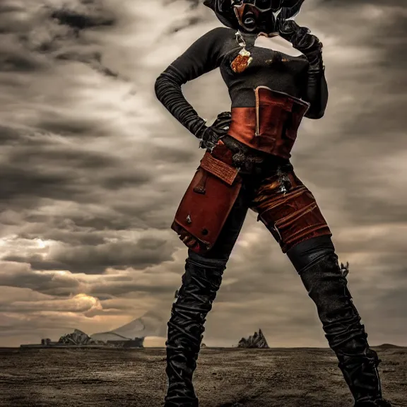 Image similar to full length photo of a very beautiful female atompunk warrior, 8 k, hdr, smooth, sharp focus, high resolution, award - winning photo