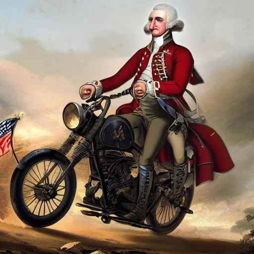 Image similar to George Washington riding a motorcycle into battle against the redcoats in the revolutionary war, epic, concept Art, detailed, 4K