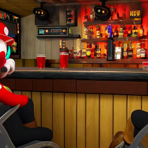 Image similar to an ultradetailed 3 d render of shadow the hedgehog and bowser sitting in a bar drinking beer, dive bar with a karaoke machine, volumetric lighting, 4 k, octane render, in the style of mario and sega